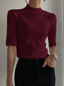 DAZY Women's Mock Neck Fitted Crop Sleeve Sweater - Red Violet - View 5