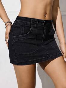 SHEIN EZwear Minifalda de mezclilla lavada de talle bajo para mujer - Negro - Ver 7