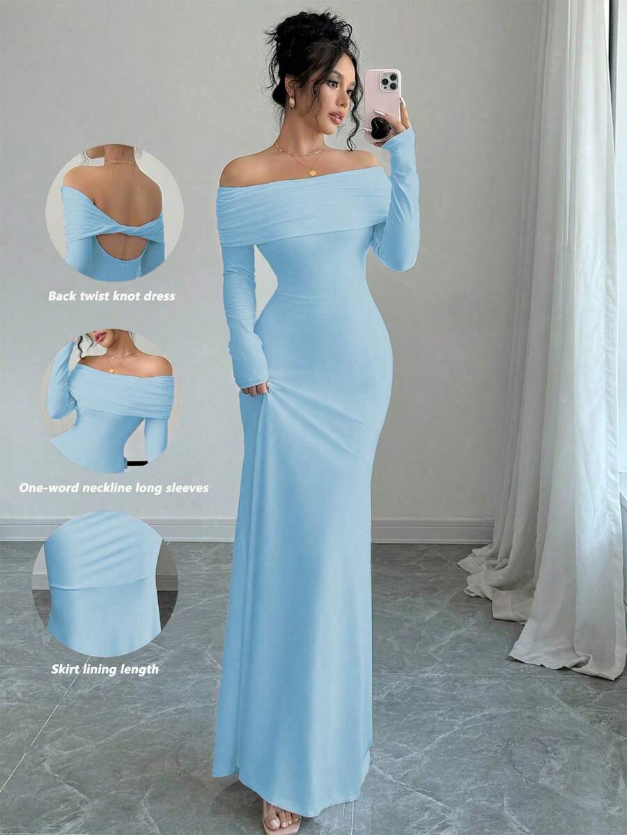 Rafferiza Sexy Elegant Fitted Long Sleeve Cinched Waist Double Layer Off-Shoulder Backless Twist Fishtail Hem Ribbed Knit Dress, White, Autumn/Winter Maxi Women Outfit - Baby Blue - View 1