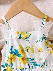 SHEIN Playful Pals Baby Girl Cute Ditsy Floral Strap Chiffon Ruffle Dress, Summer 2024 New - White - View 5