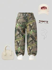 Baby Girls Elastic Waist Retro Leopard Pattern Personalized Loose Comfortable Tapered Denim Pants - Army Green - View 4