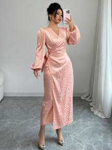 Modelyn Women's Elegant Waist Cinched Fitted Floral Print Dress, Spring/Summer - Pink - View 3