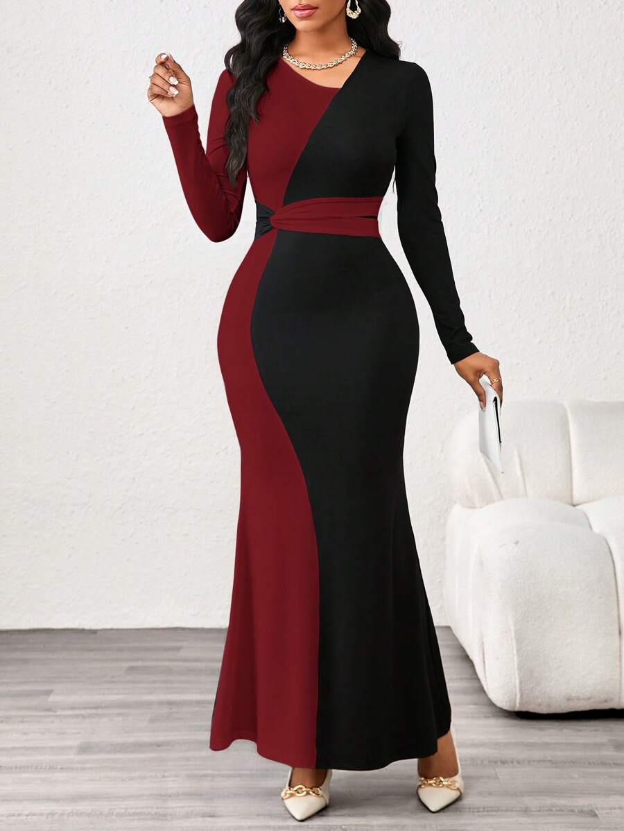 SHEIN Lady 秋冬优雅工装黑白针织圆领鱼尾长袖连衣裙 - 紅色 - 查看 1