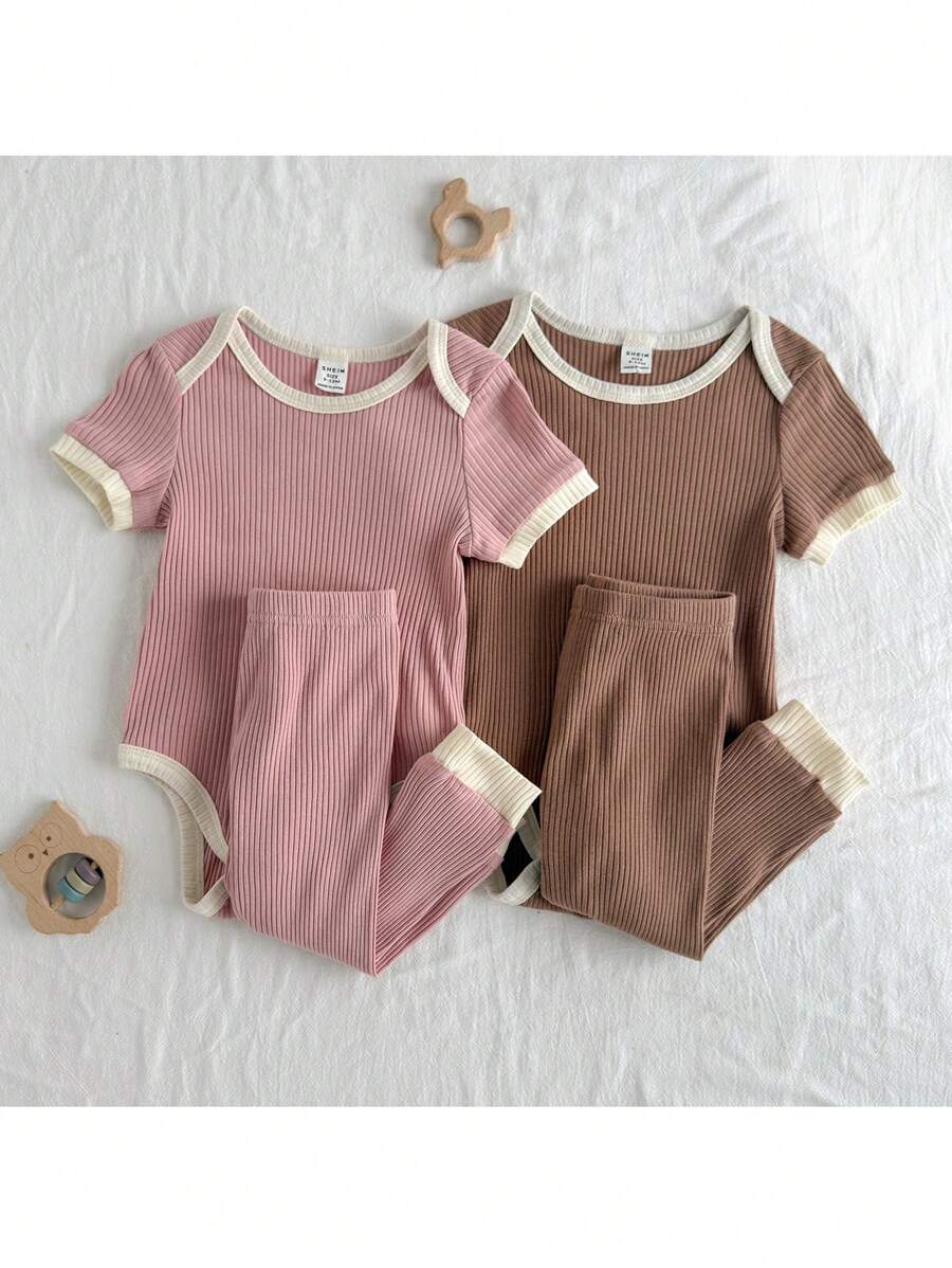 Loomiva 4PCS Baby Girl Color Block Soft Knit Long Sleeve Ruffle Shoulder Bodysuit & Elastic Waist Long Pants Set - Pink - View 1