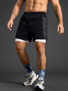 Manfinity Sport Polished 男士休闲运动短裤，简约时尚，适合日常穿着，健身套装短裤，男士健身短裤，男士跑步短裤 - 黑色 - 查看 1