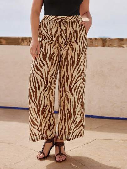 Maija Plus Size Casual New Animal Print Waist Tie Loose Pants, Suitable For Spring And Summer Leisure And Comfortable All-Match Women's Spring And Summer Festival Seaside,Summer,Business Casual Woman,Going Out,Concert,Bachelorette,Vacation,Boho,Western Wear