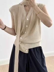 DAZY Women's V-Neck Drawstring Asymmetric Button Front Cardigan Knit Top, Casual Business Style - Beige - View 4