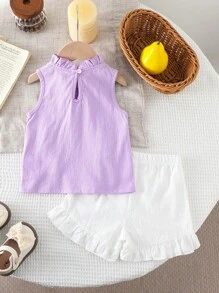 SHEIN Conjunto cómodo y casual de primavera/verano para bebé niña, con lazo, de tela suave y amigable con la piel, apropiado para ocasiones diarias tanto en interiores como en exteriores