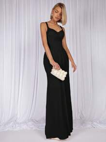 COSMINA Đầm yếm dài màu trơn cho nữ, thời trang tối giản phù hợp cho mùa hè - màu đen - Xem 3