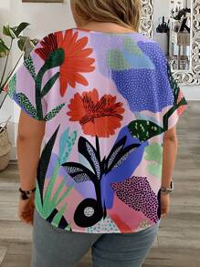EMERY ROSE Plus Size Women Summer Pastel Floral Print Round Neck Casual Round Neck Short Sleeve Shirt, Vacation Outfits Women,Blouses For Women