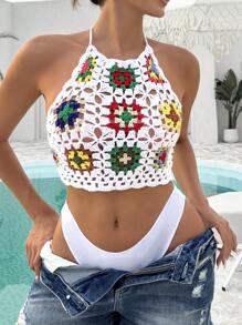 Swim Mod Summer Beach Women Crochet Bikini Cover Up Handmade Knitted Beachwear With Random Flower Patterns - Multicolor - View 6