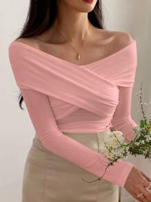 DAZY Women's Long Sleeve Solid Color T-Shirt, Minimalist Fashion, Suitable For Summer,Off Shoulder Top
