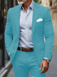 Calvornis Men's Solid Lapel Collar Long Sleeve Casual Business Blazer - Teal Blue - View 7