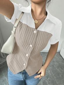 Chiquease Women's Elegant Tweed Patchwork Shirt, Pearl & Silver Button Decor Business Commuting Blouse - Apricot - View 3