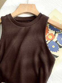 DAZY Top de tirantes corto de punto casual de unicolor para mujer - Marrón - Ver 2