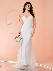 Coutiva Elegantes tailliertes Spitzen-Patchwork-Hochzeitskleid mit bestickter Meerjungfrauenlinie, Spaghettiträgern, rückenfreiem Design und Bodenlänge für Damen