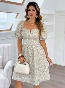 Flirla Plus Size Women French Style Jacquard Square Neck Puff Sleeve A-Line Dress