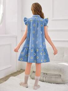 Tween Girls Y2K Washed Loose Cute Flutter Sleeve Ruffle Hem A-Line Denim Dress, Suitable For Casual Wear - Light Wash - View 2