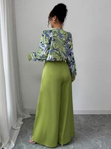 Calvaya 2-delige set voor dames: elegante zakelijke casual blouse met lange mouwen en ronde hals en lange broek, lente/zomer