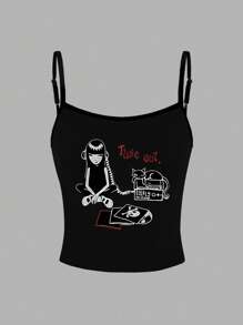 INAWLY Y2K Harajuku Graphic Print Hip Hop Women Summer Hot Girl Street Fashion Slim Fit Gothic Spaghetti Strap Croptop Dễ Thương Cami Top - màu đen - Xem 4