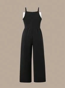 SHEIN Girls' Elegant Sleeveless V-Neck Textured Fabric Color Block Jumpsuit With Large Bow Decor, Fashionable - Black - View 2