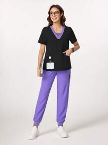 Scrubzie Ten Pockets Scrub Set Solid Color Patchwork Short Sleeve Pocket Casual Top And Long Pants Scrub Uniform Set Women Scrubs For Women Women Scrub Sets Nurse Scrub Sets Women Scrub Sets For Women Essential Jogger Scrub Set Nursing Scrub Uniform Stretch V-Neck Top & Drawstring Pants Notch V-Neck Tuck In Top & Drawstring Straight Leg Pants - Black - View 8