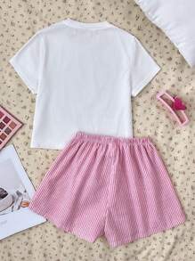 SHEIN 2pcs/Set Teen Girls' Bow Print Round Neck Short Sleeve White T-Shirt And Pink Striped Shorts Set, Suitable For Spring/Summer