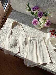 Comfortcana New Apricot Linen Halter Vest Suit Set, Spring Summer In Fall/Winter - Apricot - View 6