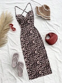 SHEIN PETITE Casual Romantic Holiday Leopard Print Draped Neck Backless Tie-Up Dress - Brown - View 8