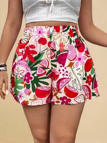 Travachic Quần short đi biển in hình trái cây Boho cỡ lớn cho mùa hè - Màu đỏ tím - Xem 1
