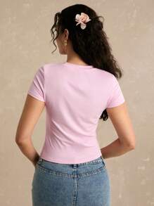 Enchnt Camiseta ajustada de mujer con cuello redondo y manga corta con estampado de letras