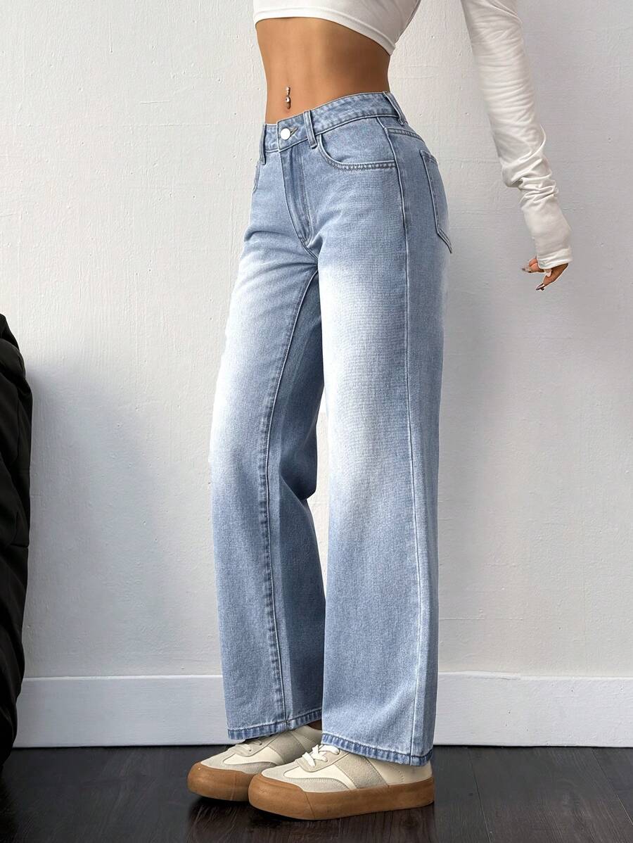 SHEIN EZwear 休闲洗水宽松直筒牛仔裤 - 藍色 - 查看 1