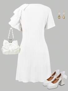 SHEIN Explorewe 少女不对称荷叶边下摆宽松优雅白色 A 字裙，质地舒适，适合夏季、婚礼、婚礼嘉宾、花童 - 白色 - 查看 3