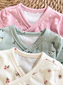 Loomiva 3pcs/Set Newborn Baby Boy/Girl Dot & Ditsy Floral Pattern Soft Knit Crew Neck Long Sleeve Bodysuit Clothing Sets - Pink - View 4