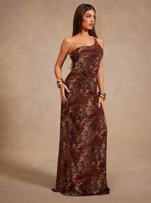 Hauture Women's Backless One Shoulder Sleeveless Full Print Long Dress - Multicolor - View 4