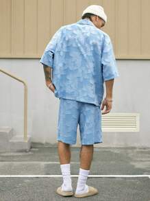 AXEPEAK Bộ áo sơ mi tay ngắn rộng rãi cắt xẻ hiệu ứng denim cho nam và quần short, phong cách đường phố, trang phục thoải mái - Màu xanh nhạt - Xem 3