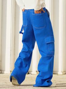 Manfinity Roghcode Men's Blue Denim Long Jeans With Cargo Pockets And Graphic Print - Blue - View 2