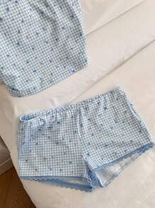 Comfortcana 女士海军蓝 & 白色格子碎花吊带背心和短裤套装 - 藍白色 - 查看 2