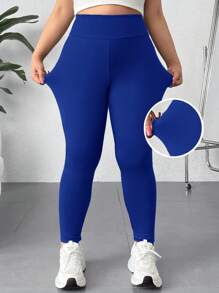SHEIN PETITE CURVE Plus Size Women's Solid Color High Waist Casual Leggings, Versatile Daily Wear - Royal Blue - View 2