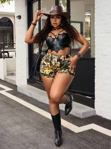 SHEIN SXY Plus Size Denim Camo Print Casual Shorts, Minimalist Style For Everyday Wear Branch Print Festival Summer Women Summer Shorts Western Cowboy Denim Shorts - Multicolor - View 2