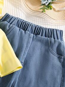 SHEIN Tween Girls' Cap Sleeve Ruffle Hem Crop Top & Pearl Embellished Pants Set - Yellow - View 7