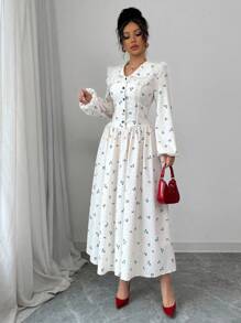 Modelyn Robe femme à manches longues boutonnée en forme de A avec volants, imprimé floral tissé - Bleu azur - Voir 1