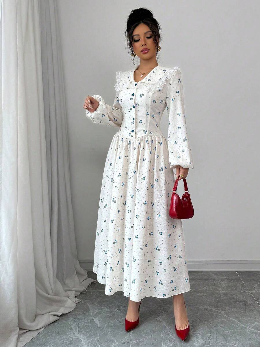 Modelyn Robe femme à manches longues boutonnée en forme de A avec volants, imprimé floral tissé - Bleu azur - Voir 1