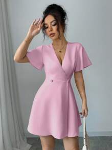 Gloray Vestido corto cruzado de mujer con manga corta, volantes y estampado de mariposa en color albaricoque - Rosa - Ver 5
