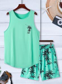 Manfinity RSRT Men's Coconut Tree Printed Sleeveless Tank Top And Shorts Set, Hawaiian Suit Men Summer Sets Men Short Sets Men Two Pieces Set Men Vacation Clothes Beach Vacation Outfits Men Men Beach Outfits, Cozy Outfits - Multicolor - View 3