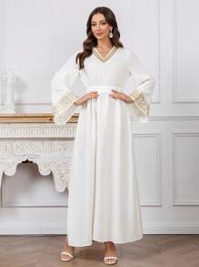 Al Najma 优雅刺绣提花面料泡泡袖高腰土耳其女式长裙，端庄的卡夫坦 - 米色 - 查看 4