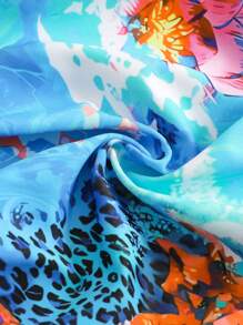 SHEIN Standard Size Navy Blue Ocean & Shell Print Front Cross Waist Ruched Neck Strap Monokini Swimsuit For Women - Multicolor - View 7