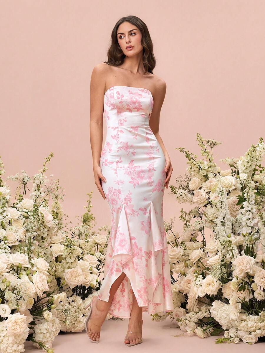 Glamine Váy Maxi Ôm In Họa Tiết Cho Nữ, Đường Viền Bất Đối Xứng Thanh Lịch - Hồng - Xem 1