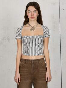 COUREZ Áo croptop tay ngắn cổ vuông phong cách Y2K mùa hè cho nữ, kiểu vintage. - Xám - Xem 2