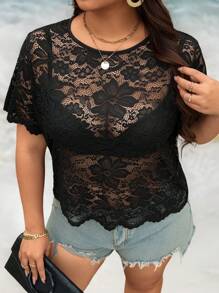 SHEIN LUNE 大码女式透明蕾丝边衬衫 - 黑色 - 查看 5